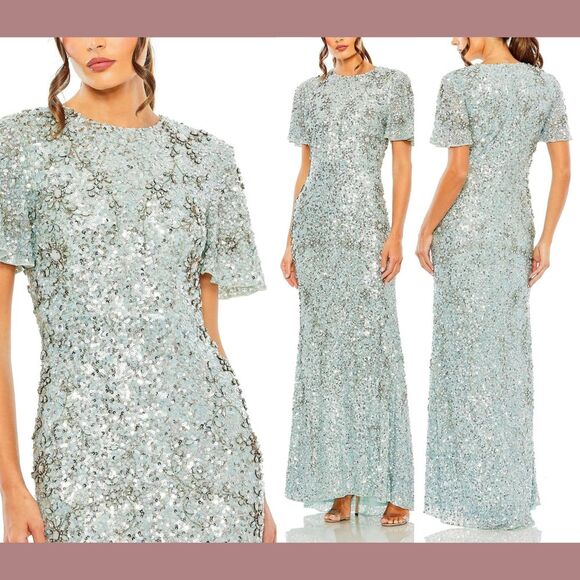 NWT $998 Mac Duggal‎ [ 6 ] 93932 Flutter Sleeve Sequin High Neck Gown Blue - Picture 1 of 15